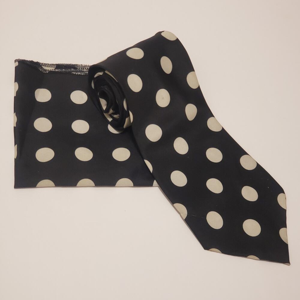 Italian All Silk Handmade Tie & Handkerchief Black White Polka-Dot Set #71R